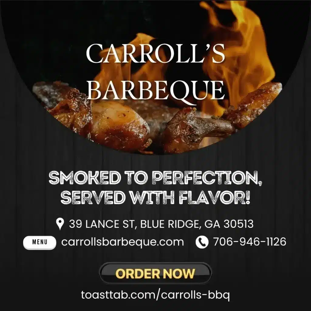 Carroll's Barbeque ad showcasing smoked meat with order details.