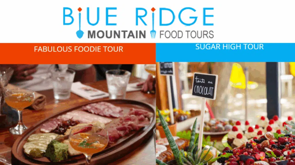 Blue Ridge Mountain Food Tours graphic with charcuterie on one side and desserts on the other.