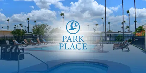 Outdoor pool at Park Place framed by palm trees and lounge chairs beneath a bright blue sky.