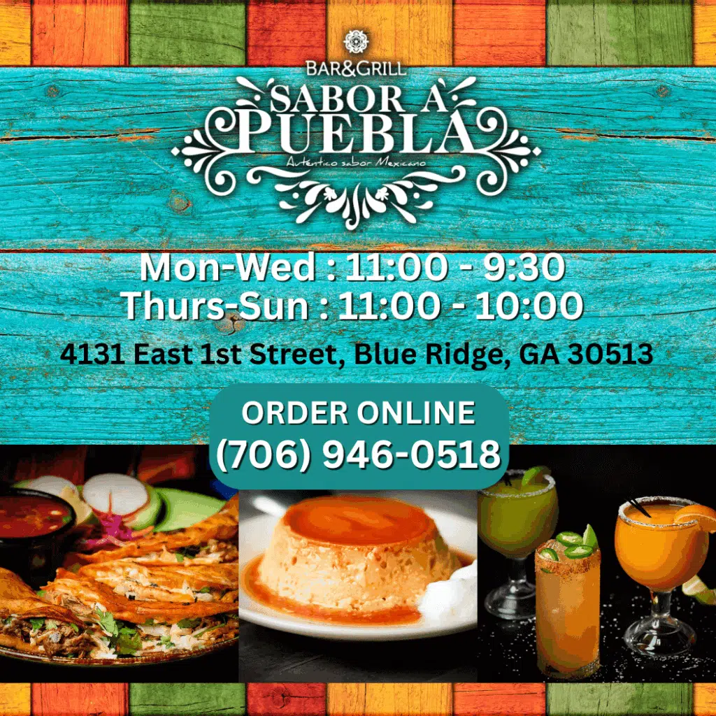 Digital ad for Sabor a Puebla Bar & Grill showing Mexican dishes, flan dessert, and cocktails in Blue Ridge, GA.