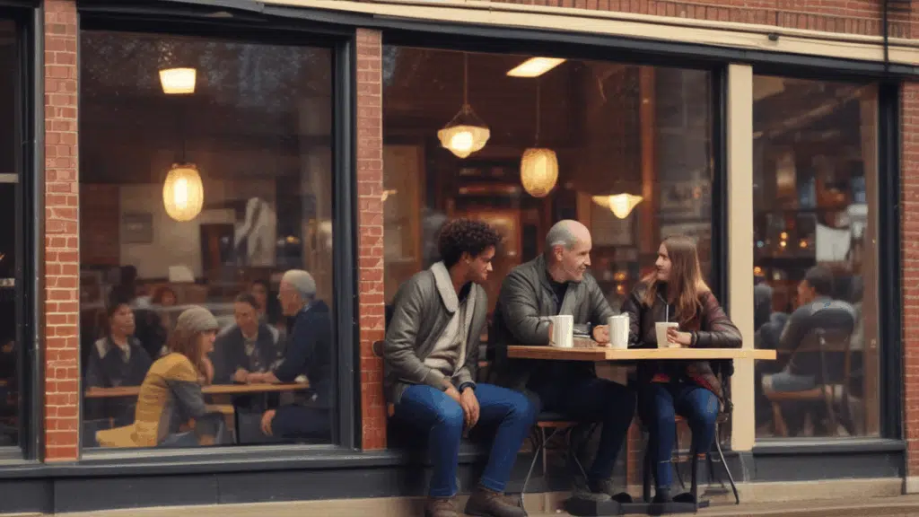 People drinking coffee at an outdoor table beside a busy, warmly lit café.