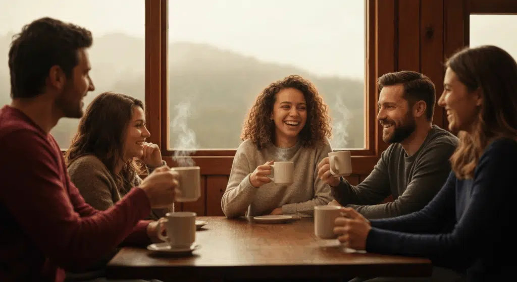 Friends enjoying coffee together in a cozy cabin with soft mountain views outside.