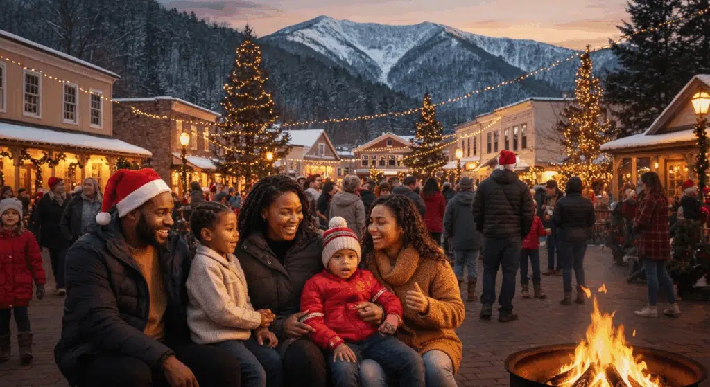 Family by a fire in a festive mountain town with lights, crowds, and snowy mountains in the background.