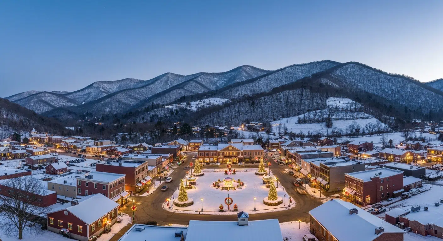 Aerial view of a snowy North Georgia town at dusk with holiday lights, decorated Christmas trees, and mountain scenery.