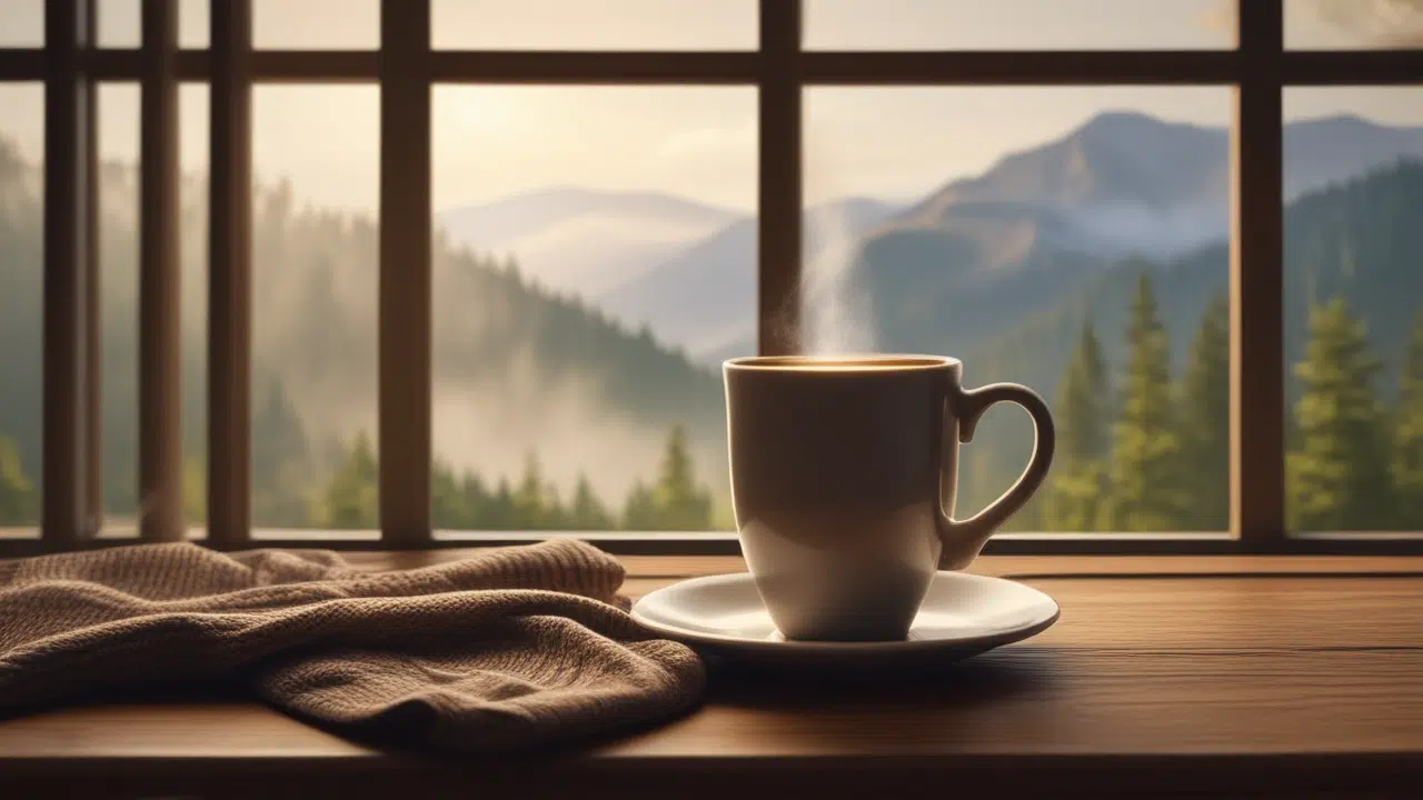 Steaming coffee mug by a window with misty mountain views and pine trees.