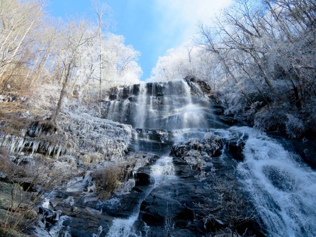 Amicalola Falls cascading during winter in North Georgia