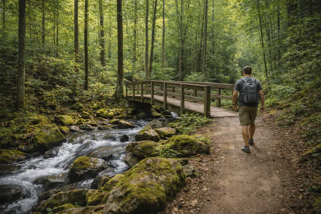 Mountain hiking trail near Helen, Georgia with rocky terrain, forested surroundings, and elevation changes suited for experienced hikers.
