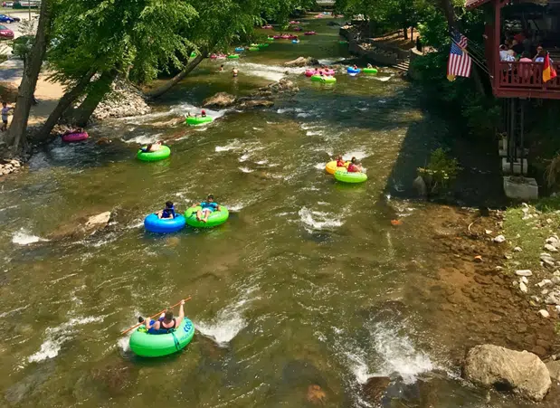 Visitors floating on inner tubes along the Chattahoochee River surrounded by trees and scenic river views.