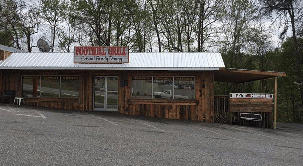Exterior of Foothill Grill in Dahlonega, Georgia, a popular local restaurant near the historic square.