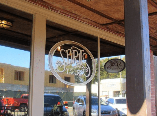 Exterior of Spirits Tavern in Dahlonega, Georgia, a popular spot for gourmet burgers and local craft beers.