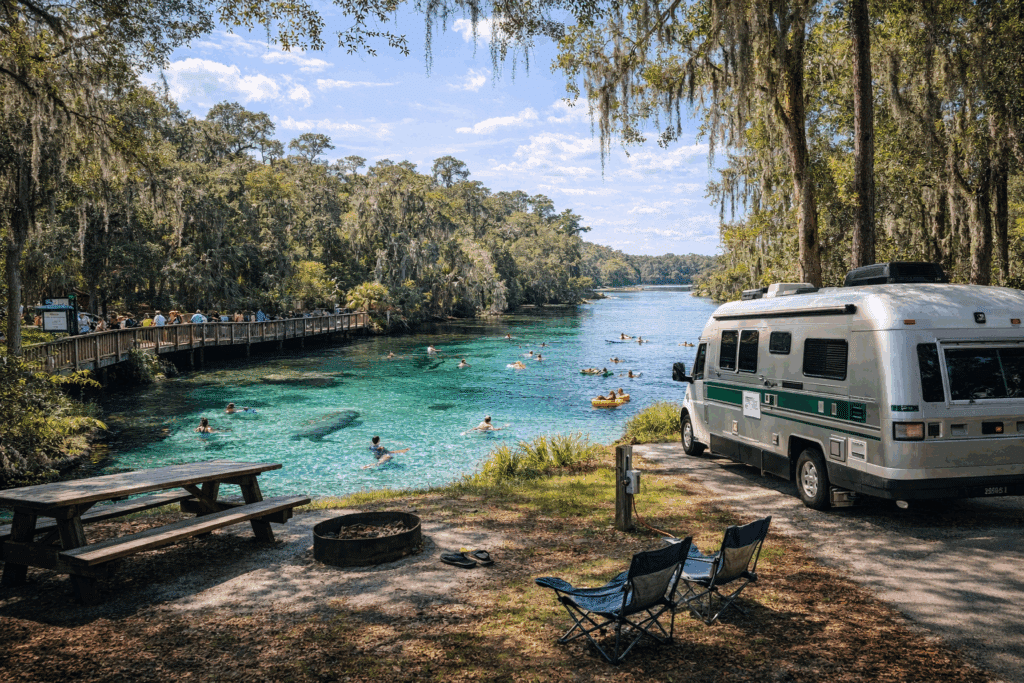 Manatees at Blue Spring State Park with nearby RV camping