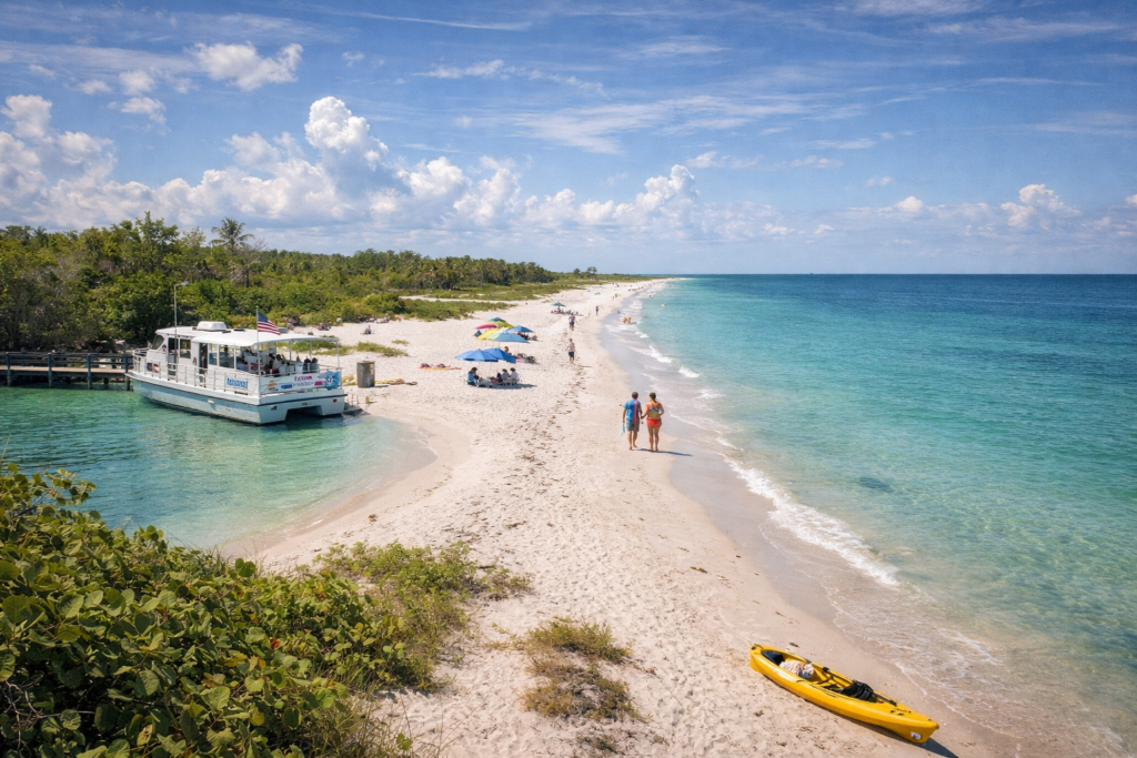 Caladesi Island State Park secluded white sand beach with ferry dock, turquoise Gulf waters, and visitors walking along quiet Florida shoreline near Tampa