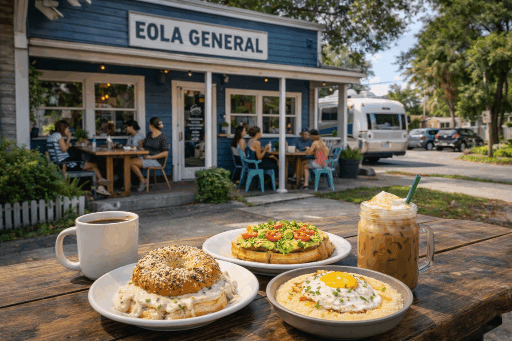 Exterior of Eola General, a relaxed neighborhood café near downtown Orlando with outdoor seating