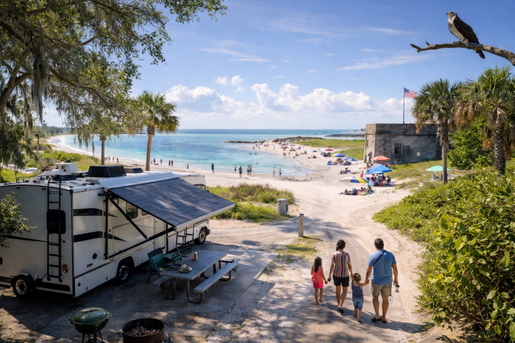 Fort De Soto Park beach with RV campground nearby, historic fort structure, turquoise Gulf waters, and families walking along the Florida shoreline