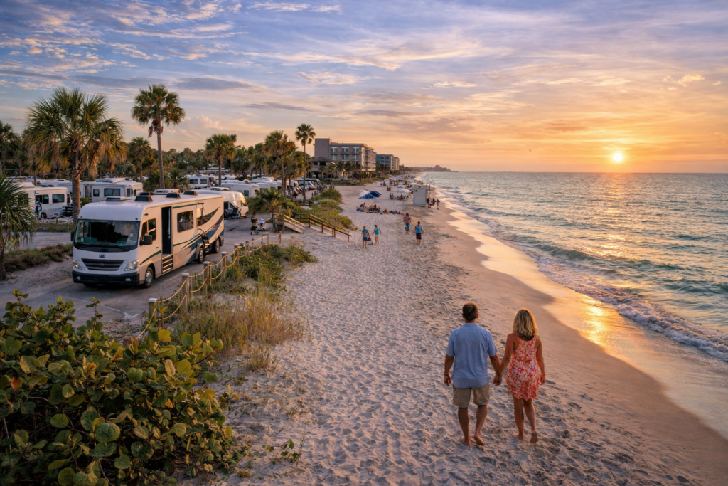 Indian Rocks Beach at sunset with calm shoreline, light crowds, and nearby RV parks along Florida’s Gulf Coast