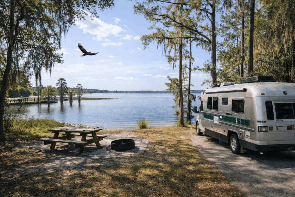 Lakeside RV camping at Moss Park near Orlando with natural surroundings