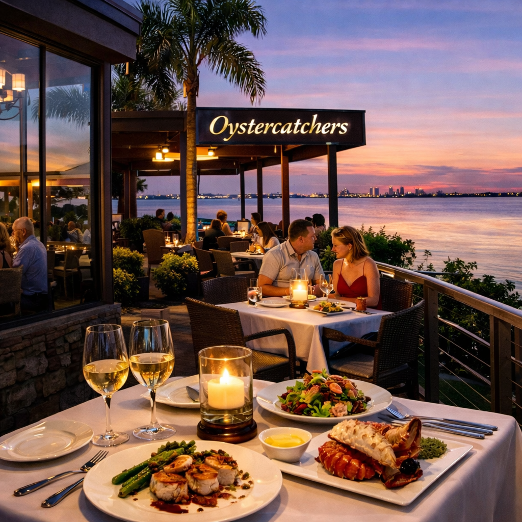 Couple enjoying fine dining at Oystercatchers with candlelit seafood dishes and panoramic Tampa Bay sunset views from the outdoor terrace
