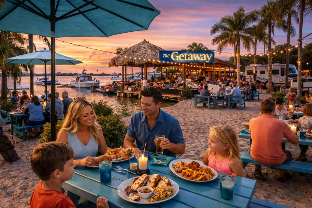 Family enjoying casual waterfront dining at The Getaway with marina views, outdoor picnic tables, boats docked nearby, and sunset sky over Tampa Bay
