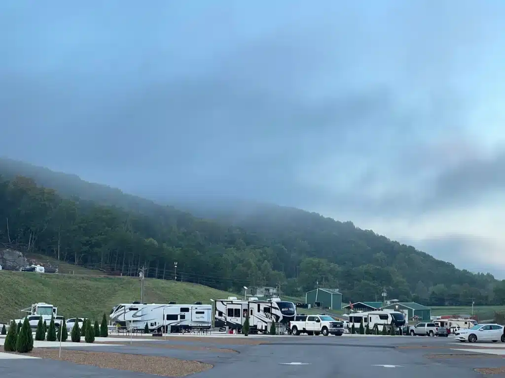 RV sites at Forest Grove RV Resort with Smoky Mountain views and morning fog in Dandridge, Tennessee