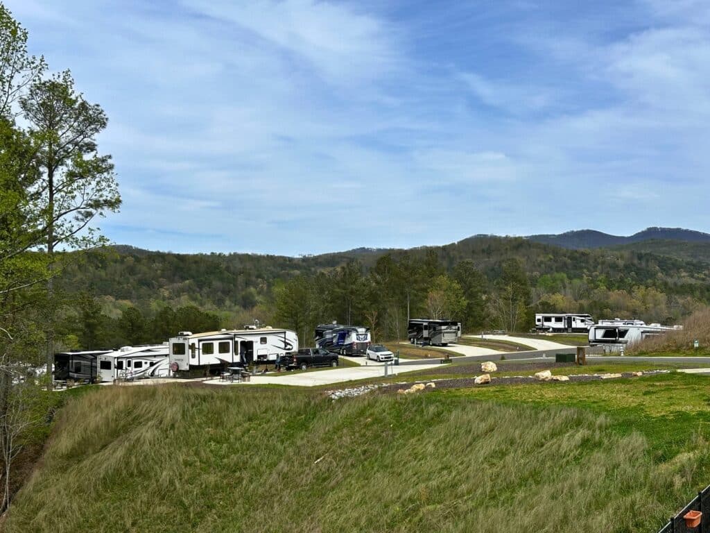 RV sites at Talking Rock Motorcoach RV Resort surrounded by rolling North Georgia mountain scenery