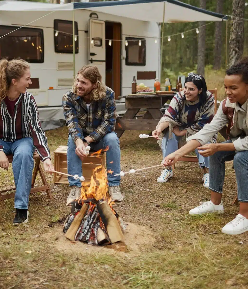 Friends roasting marshmallows around a campfire
