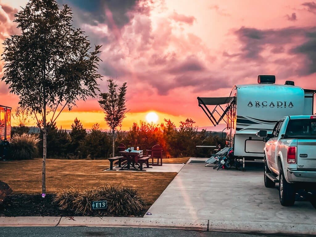 Luxury RV site at Talona Ridge RV Resort during sunset