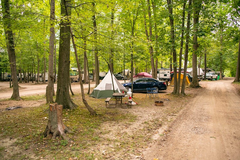 Campsite with tents, RVs, cars, and picnic table among trees