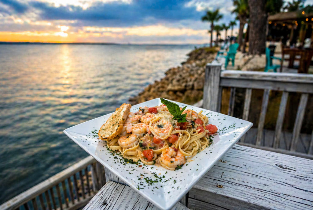 Shrimp pasta served on waterfront deck during colorful sunset by the water