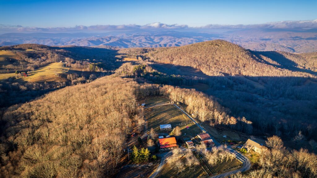 Aerial view of mountain landscape and countryside in North Carolina.