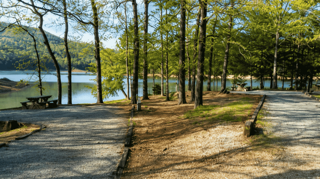 Lakefront campsites at Poteete Creek Campground with shaded trees and mountain views