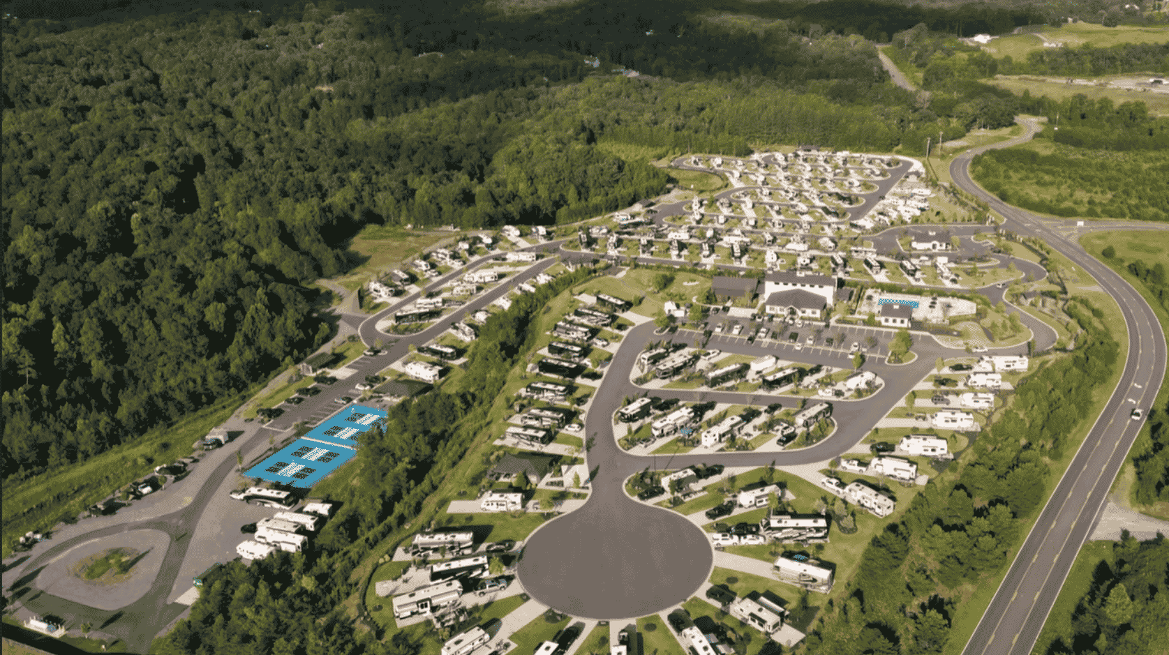Aerial view of Talona Ridge RV Resort with RV sites, resort amenities, and North Georgia mountain scenery