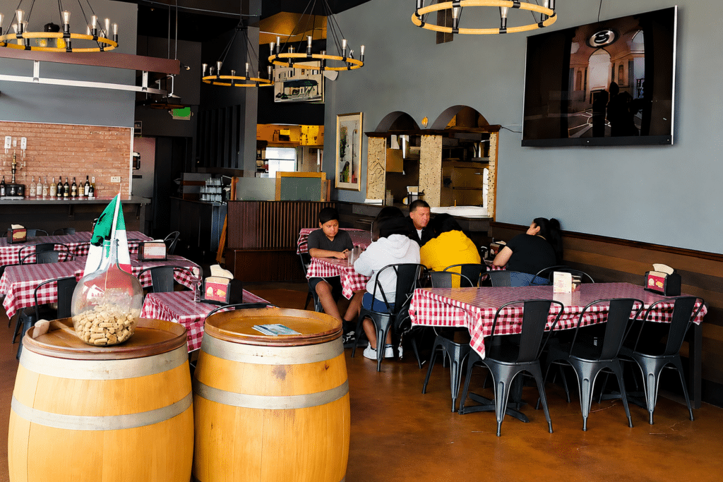 North Beach Pizza dining area near Harbor Village RV Park in Half Moon Bay