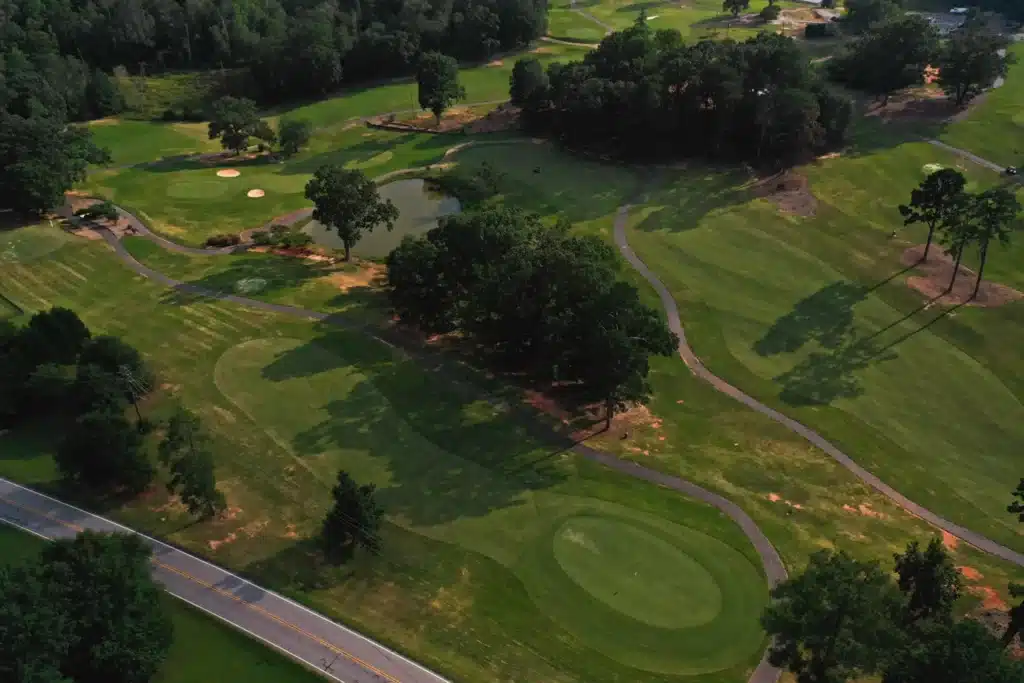Aerial view of the scenic golf course at Camp Cedar.