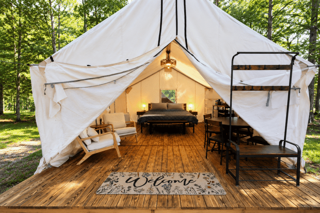 Luxury canvas glamping tent at Ohoopee River RV & Camp Resort