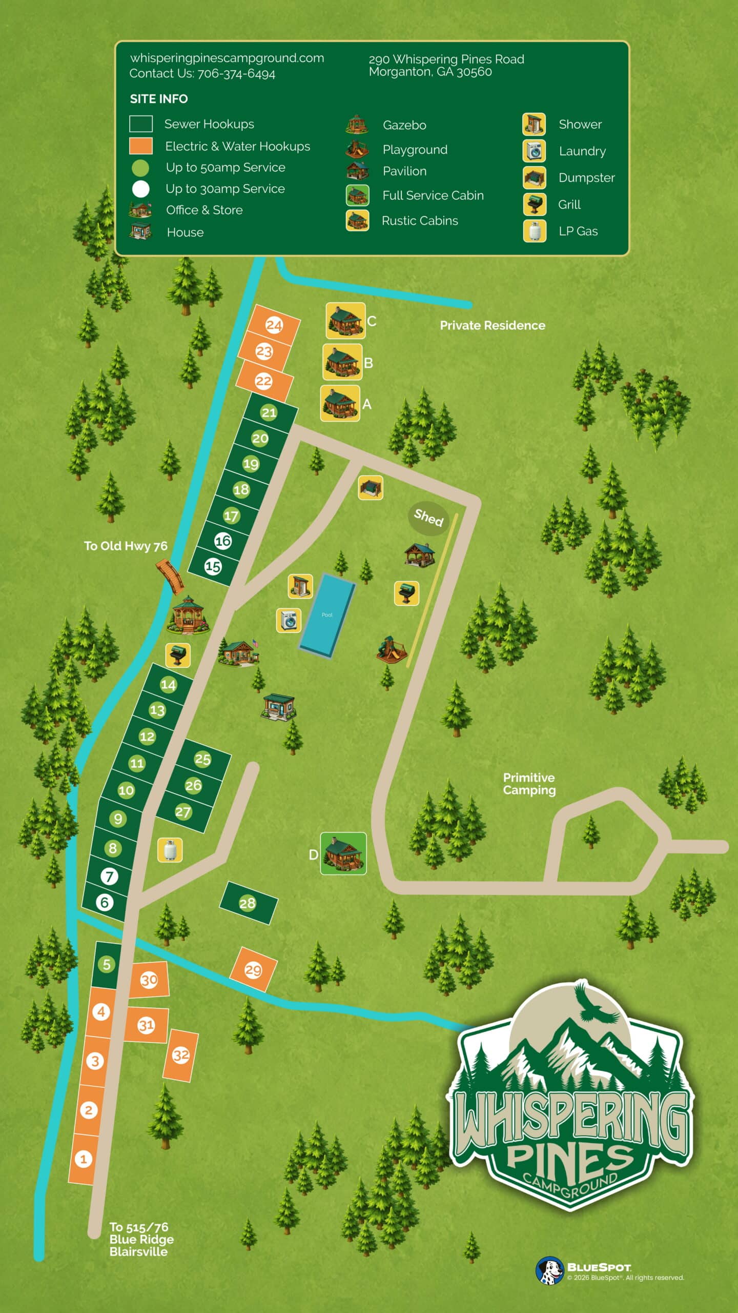 Aerial view of Whispering Pines Campground near Blue Ridge, Georgia