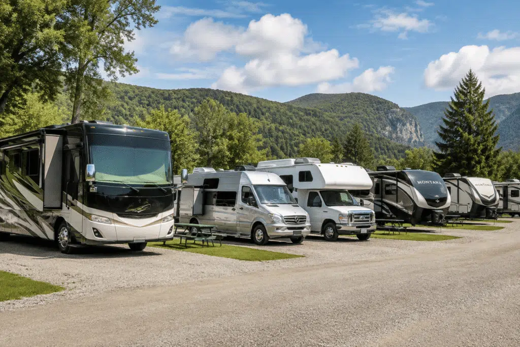 Different types of RV, including Class A, Class B, Class C, travel trailers, and fifth wheels at a campground.