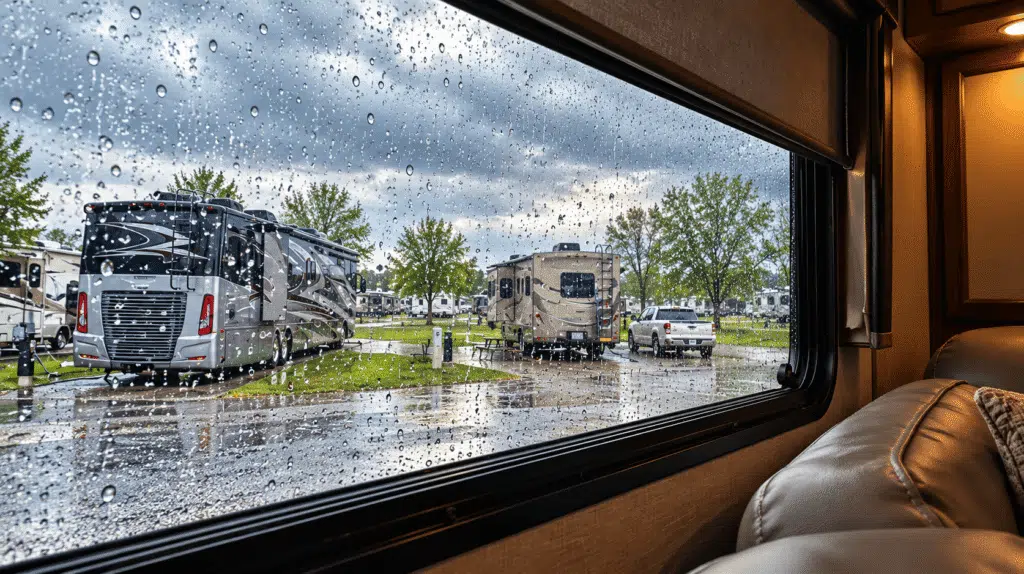 Rain falling outside an RV window at a campground